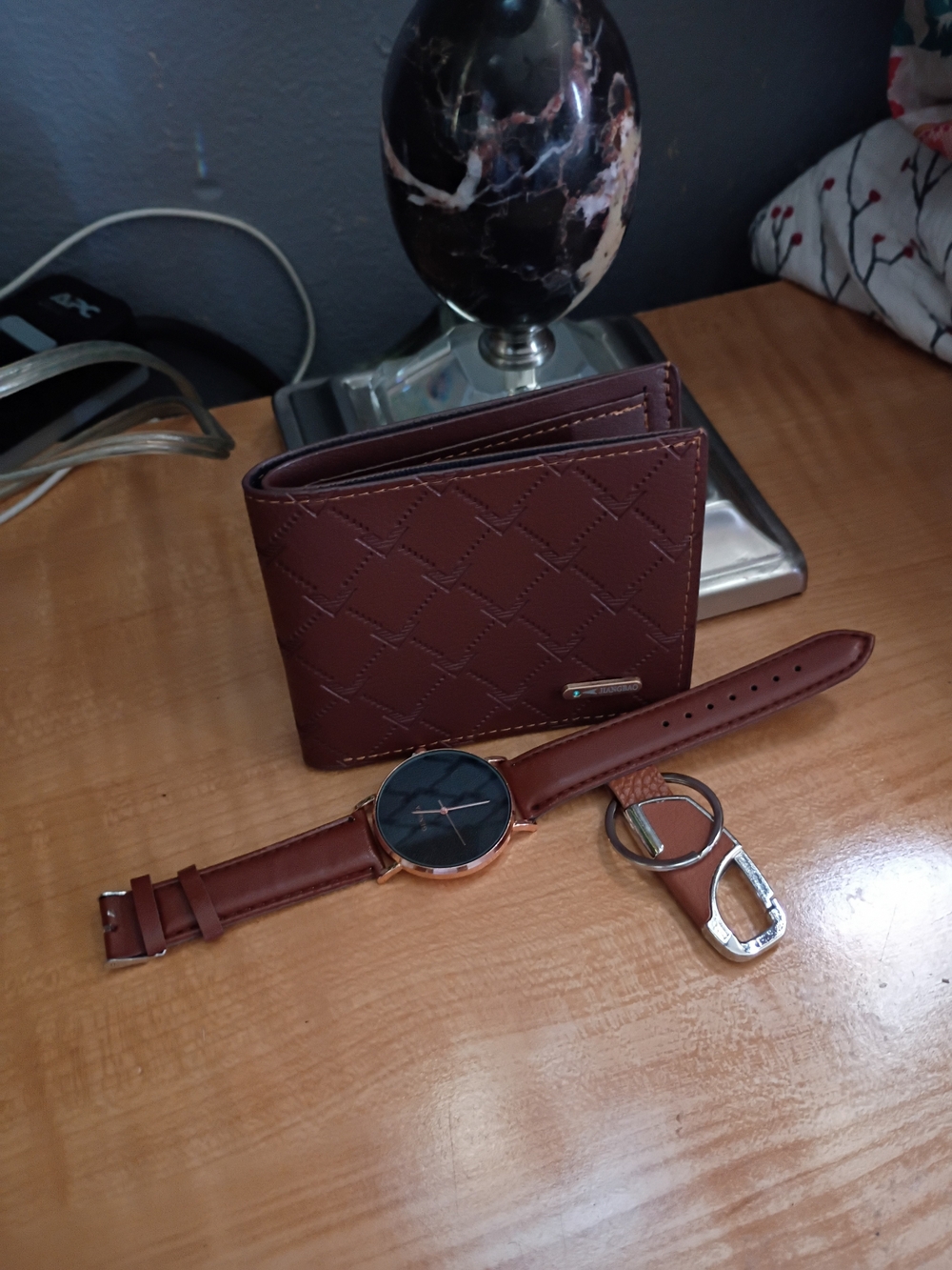 Brown Quilted Bi-Fold Wallet with Matching Brown Leather Watch